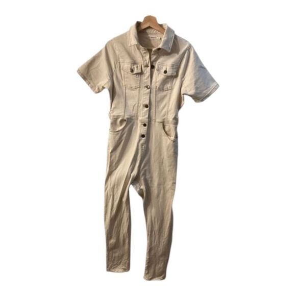 Avec Les Filles Pants - Avec Les Filles Tie Waist Denim Jumpsuit – Ecru Cream Women’s‎ One Piece